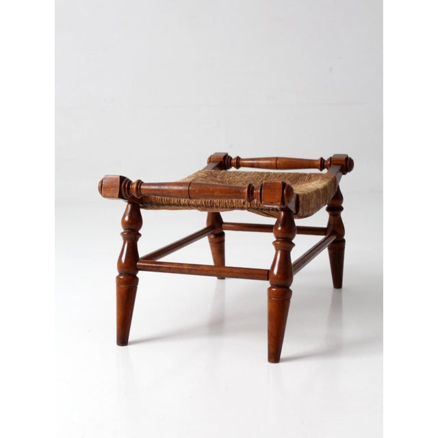 Vintage Early American Rush Seat Bench Stool For Sale - Image 15 of 17