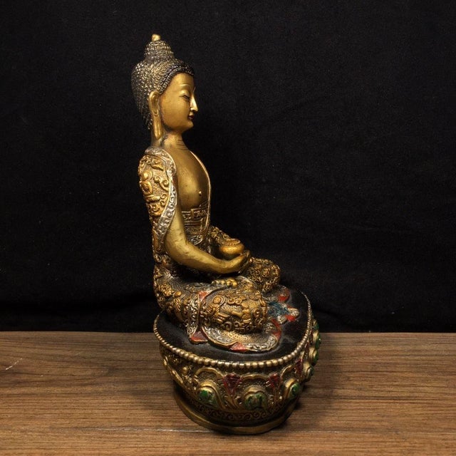 Brass Vintage Gilt Brass Shakyamuni Buddha Statue With Polychrome Robe & Lotus Base For Sale - Image 8 of 9
