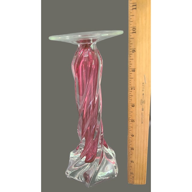 Late 20th Century Italian Art Glass Pink Cranberry & Clear Candle Pedestal Stand For Sale - Image 6 of 7