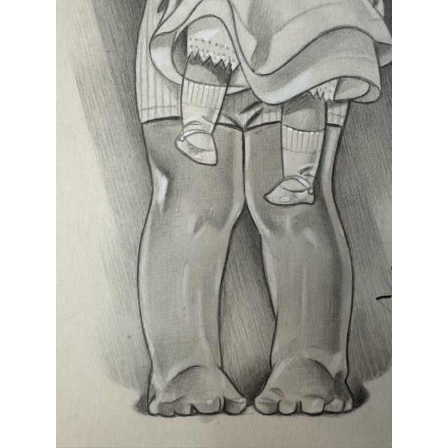 American 1940s Original Signed Graphite Illustration of Child Holding Doll, 12 × 8.25 In. For Sale - Image 3 of 6