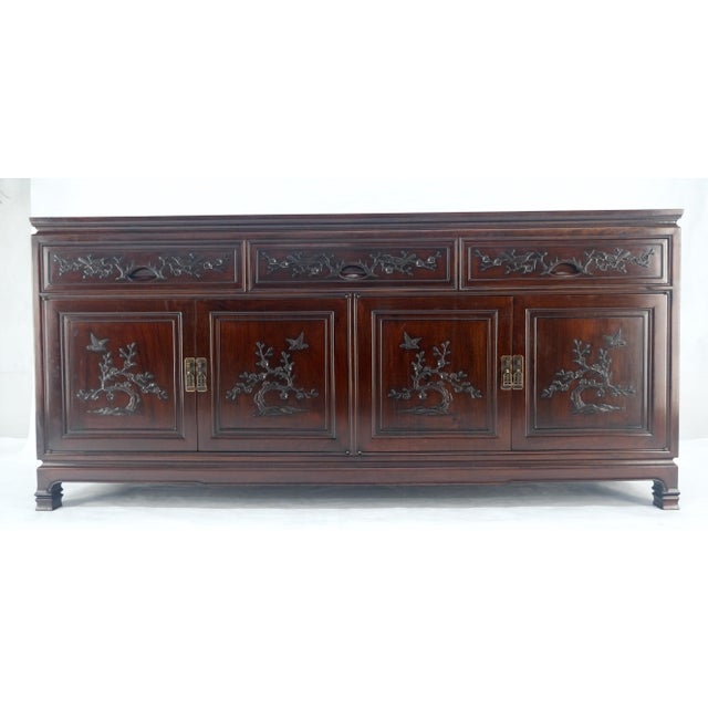 Asian Mid Century Modern Carved 4 Doors 3 Drawers Credenza Dark Solid Teak MINT For Sale - Image 10 of 16