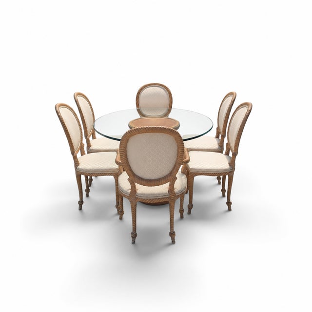 Traditional Vintage Carved Wood Oval Glass Dining Set With Six Upholstered Chairs For Sale - Image 3 of 18