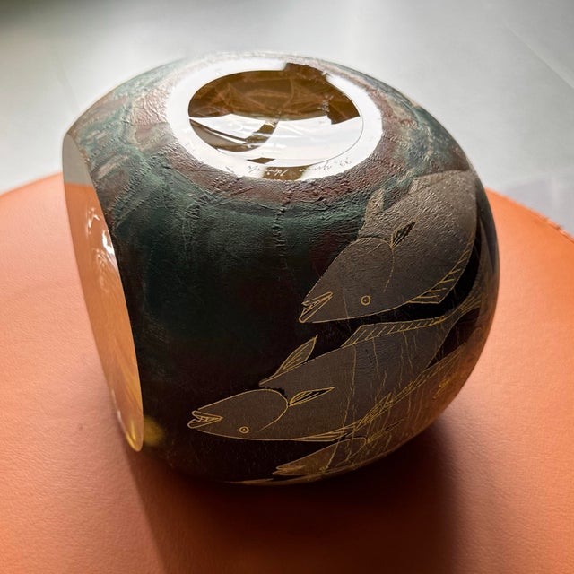 Yellow 20th C. Super Heavy Hiroshi Yamano Signed Glass Sphere Sculpture With Silver & Copper Plating Fish Motif 6"x5"x 4.5"h - Might Missing the Fish For Sale - Image 8 of 13