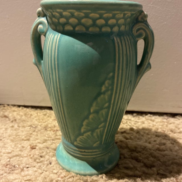 Rare 1939 Robinson Ransbottom Tionesta Vase - Teal Art Deco - Usa 157 For Sale In Chicago - Image 6 of 12