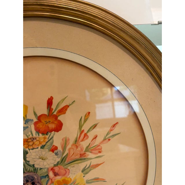 Wood Vintage Mid Century Round Floral Still Life Art Print & Gilded Wood Frame For Sale - Image 7 of 8