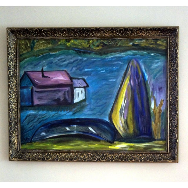 1980s Colette Calilhanna "Purple Village" Expressionist Acrylic Framed Painting For Sale - Image 4 of 11