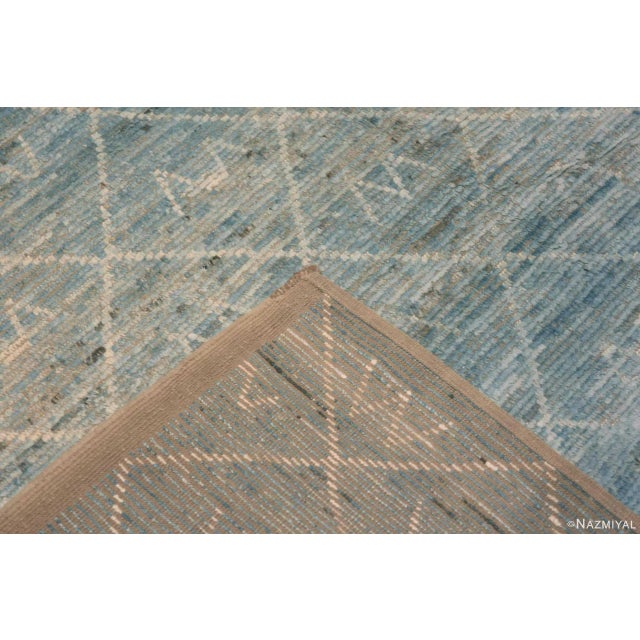 Light Blue Background Creamy White Tribal Pattern Modern Room Size Rug For Sale In New York - Image 6 of 6