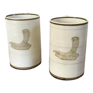 Large Antique Early 19th Century Wedgwood Creamware Porter's Tankard Mugs for Beer or Ale 1810 Pusey Horn - a Pair