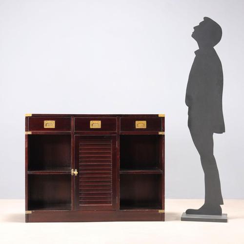 Mahogany veneered nautical-style sideboard, made by la vecchia mare. Three drawers under the top, a central slatted door,...