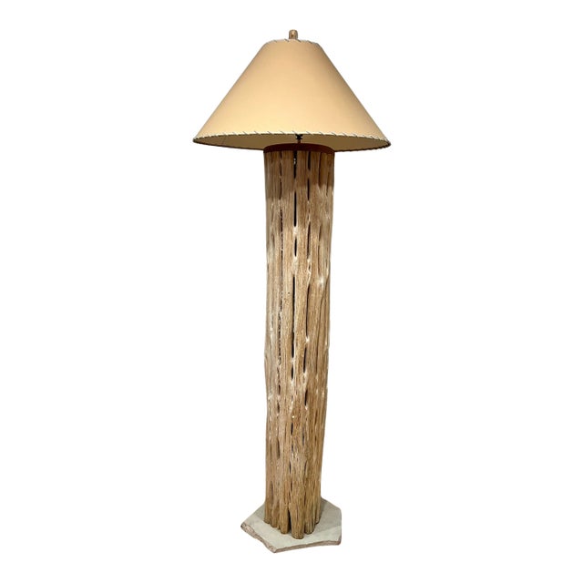 Vintage Mid Century Rustic Southwestern Folk Art Saguaro Cactus Skeleton & Stone Floor Lamp For Sale