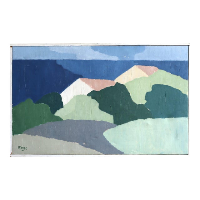 Mid-Century Modern 'Along the Blue Coast' Swedish Abstract Landscape Oil Painting, Framed For Sale
