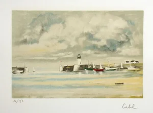 1980s Lighthouse Coastal Scene Limited-Edition Lithograph Signed Corbel