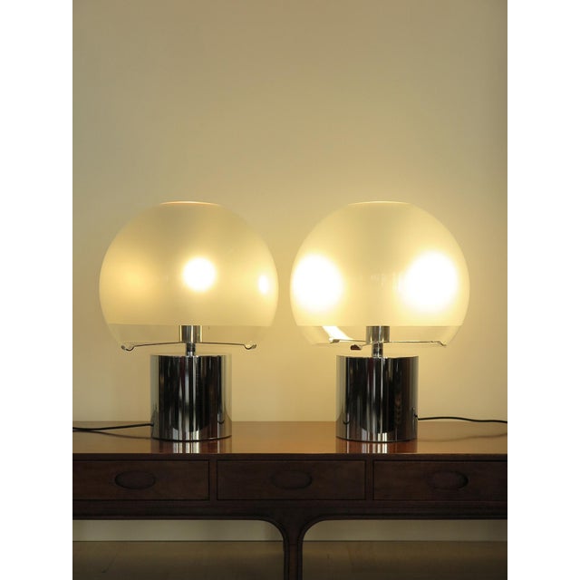 Pair of 'Porcino' table lamps designed by Luigi Caccia Dominioni for Azucena in 1966 with three switch modes; chromed...