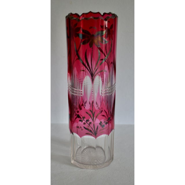 Boho Chic Vintage Clear Crystal Vase Bohemian Ruby Cut Cylinder Etched Silver Overlay For Sale - Image 3 of 15