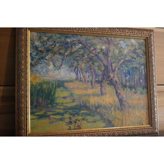1930s Green and Gold Impressionist Landscape of Trees For Sale - Image 9 of 9