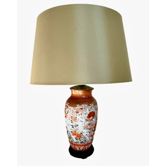 Elegant Kutani vase lamp with intricate hand painted design with birds and flowers. Gold detail with cinnabar red and...