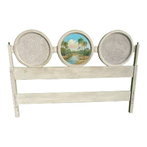 1960s Custom Cane and Wood Circle French Headboard With Hand Painted Florida Scene in Beanie Backus Style