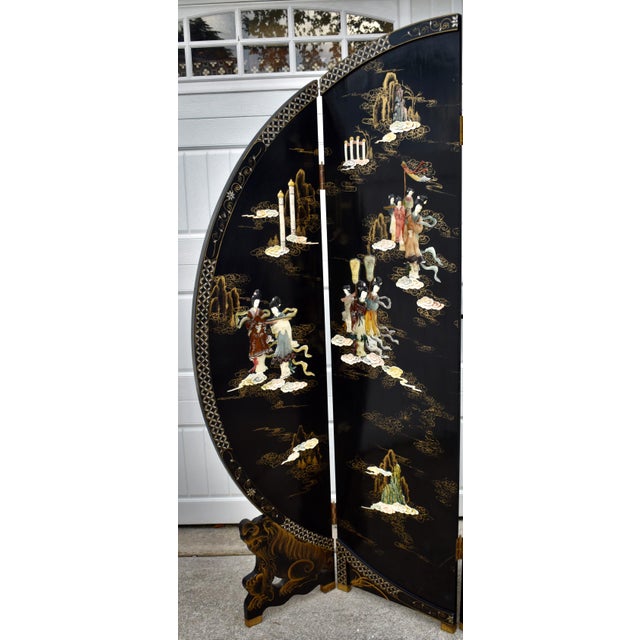 4 Panel Room Divider Vintage Chinese Coromandel Round Screen Black Lacquer For Sale - Image 4 of 16