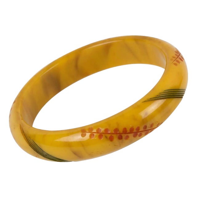 Bakelite Bracelet Bangle Banana Brown with Carving For Sale