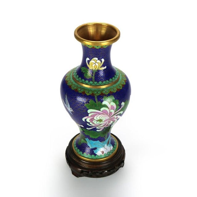Antique Chinese Cloisonne Enameled Floral Vase with Peony & Wood Base c1930. Dimensions - 10" x 4 1/8" x 4 1/8". A...