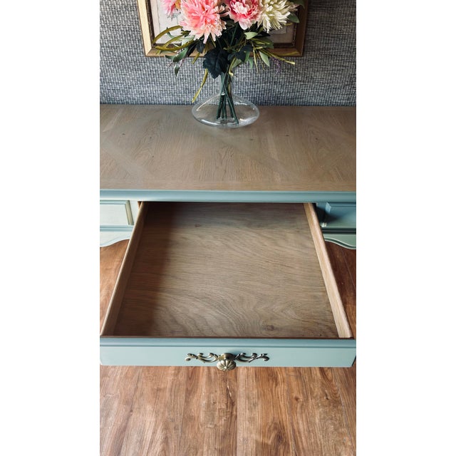 1970s Mid-Century Louis XV Style Refinished Teal-Turquoise Solid Wood 3-Drawer Desk For Sale - Image 5 of 12