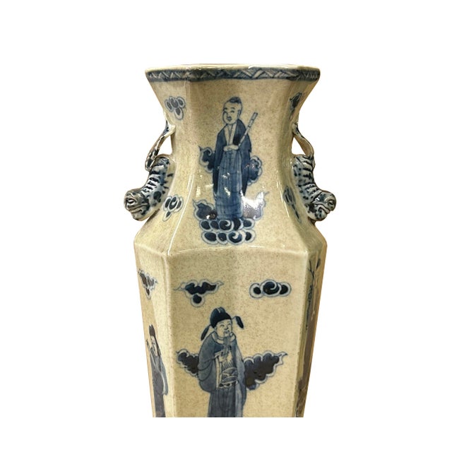 Vintage Rhombus Shape Blue White Eight Immortal Graphic Porcelain Vase For Sale - Image 13 of 18