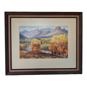 1970s Signed Large Autumnal Watercolor Painting, Majestic Mountains, River, Trees