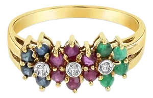 Ruby, Sapphire, Emerald Flower Shaped Ring 14k Yellow Gold, Size 8