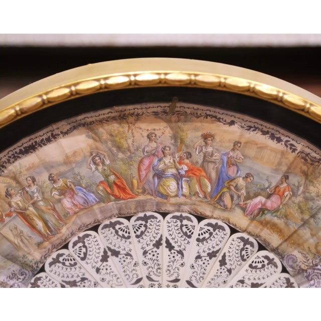 French 19th Century French Hand-Painted Fan With Pierced Bone Sticks in Gilt Frame For Sale - Image 3 of 7