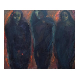 Large Scale Expressionist Stylized Modernist Oil Painting of Three Abstracted Figures For Sale