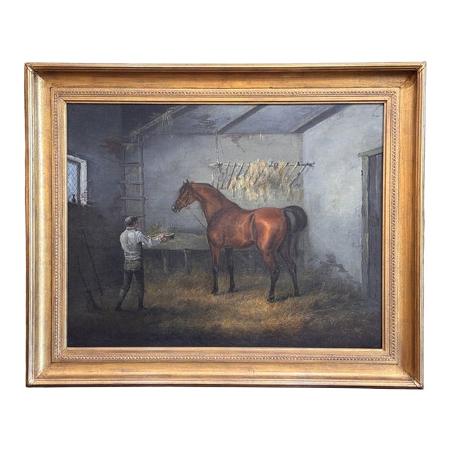 English Painting of a Horse and Groom in a Stable For Sale