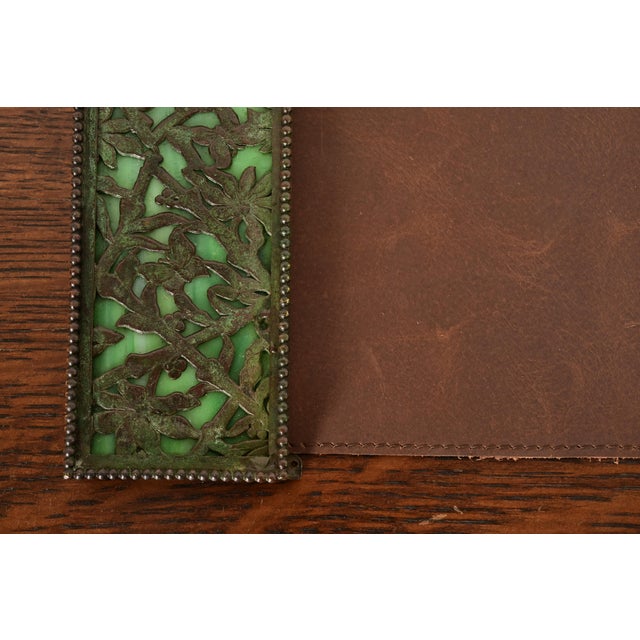 Green Apollo Studios New York Arts & Crafts Grapevine Pattern Bronze and Slag Glass Blotter Ends With Leather Desk Blotter For Sale - Image 8 of 15
