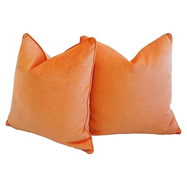 Mid-Century Modern Custom Tailored Tangerine Orange Velvet Feather/Down Pillows 24" Square - Pair For Sale - Image 3 of 8