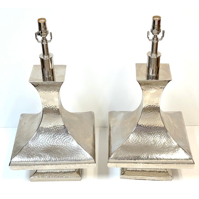 Late 20th Century Monumental Hand-Hammered Silver-Plated Modernist Table Lamps - a Pair For Sale - Image 11 of 18