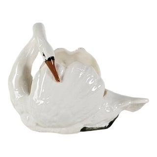 Rare Czech Pottery White Swan Ceramic Trinket Dish For Sale