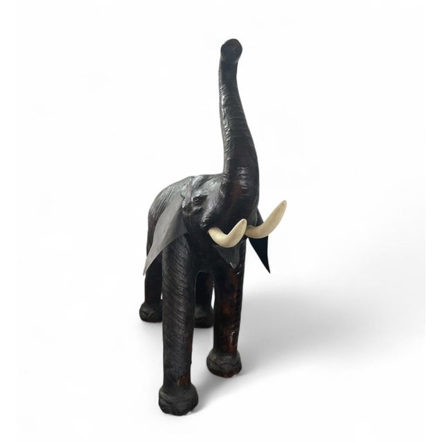 African Extra Large Mid-Century Leather-Clad Elephant Statue, Trunk Up for Luck For Sale - Image 3 of 5