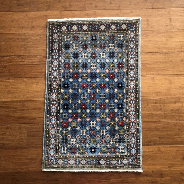 Rare Small Vintage With Blue Geometric Design | 1'8" X 2'7" For Sale - Image 4 of 5