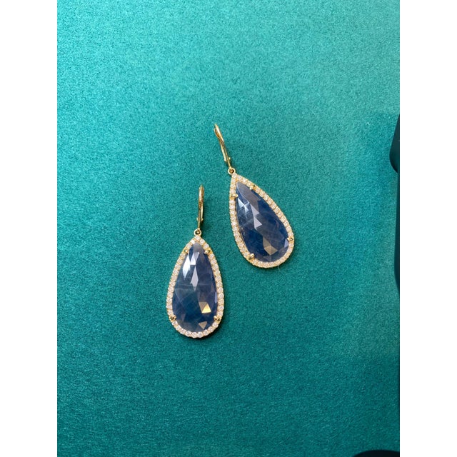 Early 21st Century Blue Sapphire Pear Drop Faceted Cabochon Diamond Halo Drop 18k Gold Earrings, A Pair For Sale - Image 5 of 6