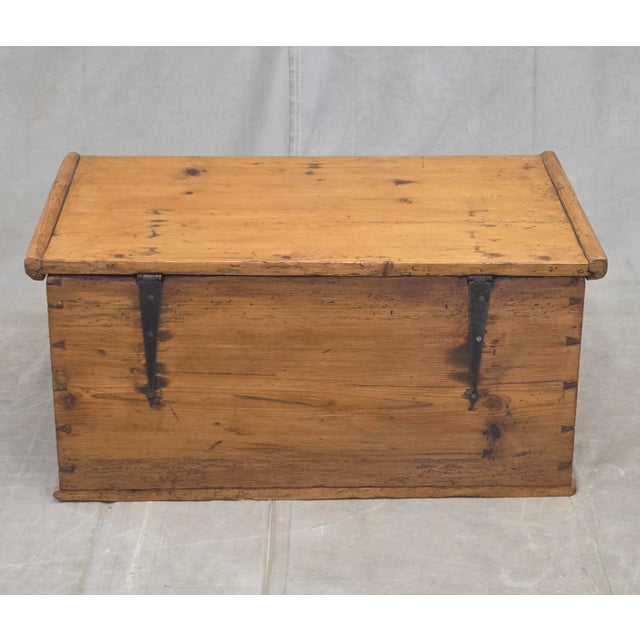 Antique German Natural Pine Storage Trunk With Original Iron Key For Sale - Image 12 of 13