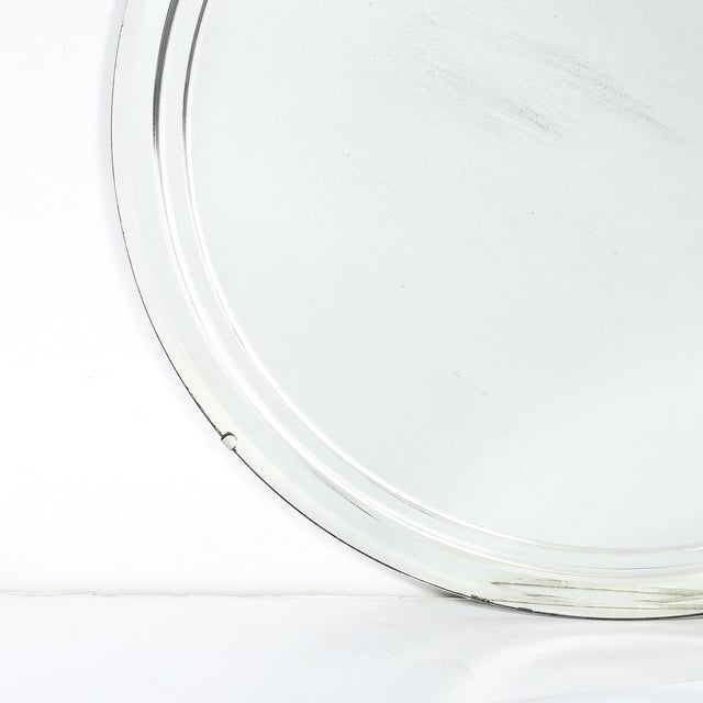 1930s Art Deco Streamlined Machined Age Minimal Round Reversed Etched & Beveled Mirror For Sale - Image 5 of 12