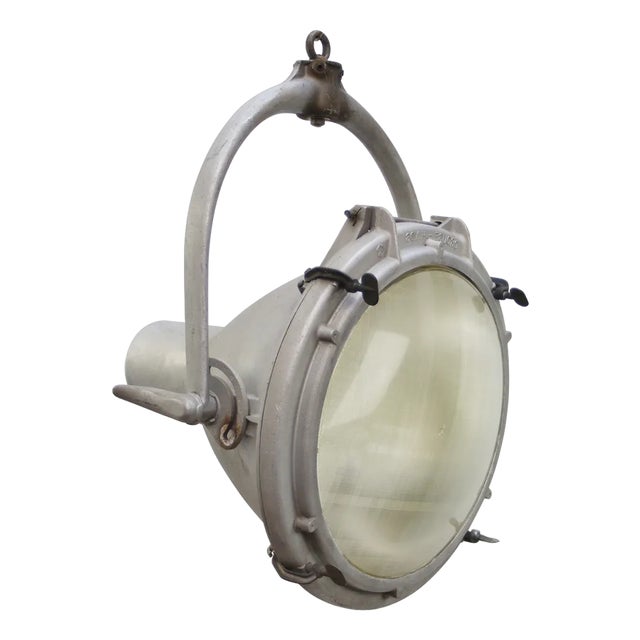 Vintage American Industrial Cast Aluminum & Frosted Glass Hanging Spotlight by Crouse-Hinds, Canada For Sale