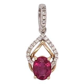 Ruby Pendant W Earth Mined Diamonds in Solid 14k Dual Tone Gold | Oval 6x4mm For Sale