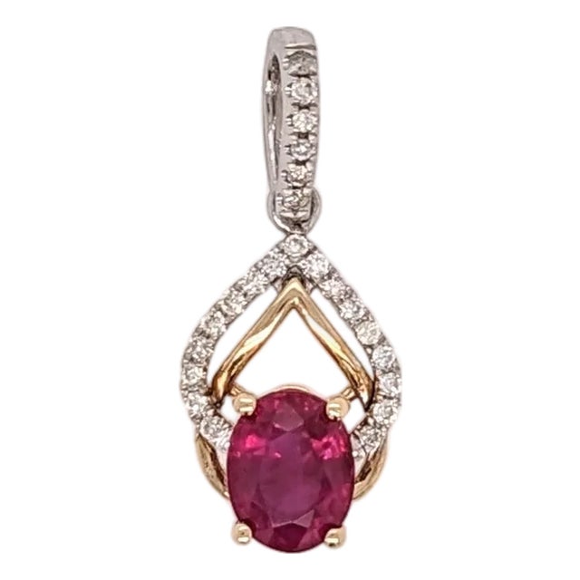 Ruby Pendant W Earth Mined Diamonds in Solid 14k Dual Tone Gold | Oval 6x4mm For Sale