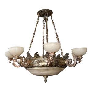 19th Century American Victorian Bronze Eight-Arm Justice Chandelier Alabaster Shades