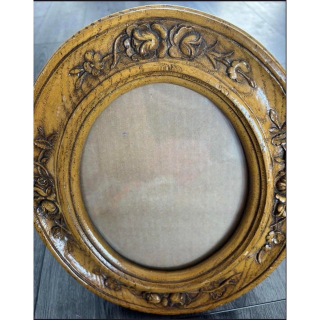 Vintage Ornate Oval Wood Picture Frame With Floral Rose Relief Motif, 14" X 12" For Sale - Image 4 of 7