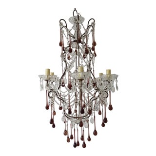 French Amethyst Murano Drops Crystal Chandelier, Circa 1930 For Sale