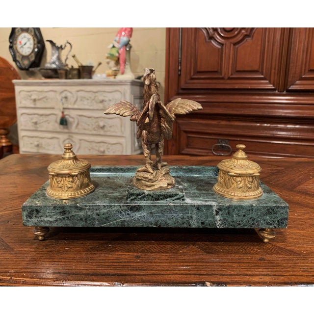 19th Century French Green Marble and Bronze Rooster Inkwell Signed Melotte For Sale - Image 12 of 13