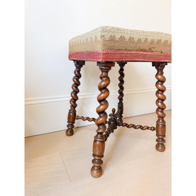 Early 19th Century Antique English Oak Barley Twist Upholstered Footstool For Sale - Image 5 of 6