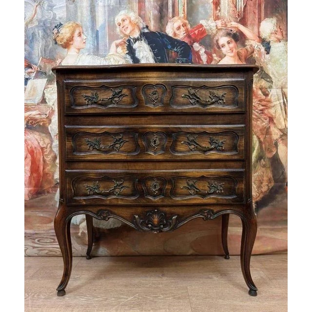 Louis XV-style Provencal chest of drawers in solid wood 3 front drawers with gilded pull handles 1 flap opening through...