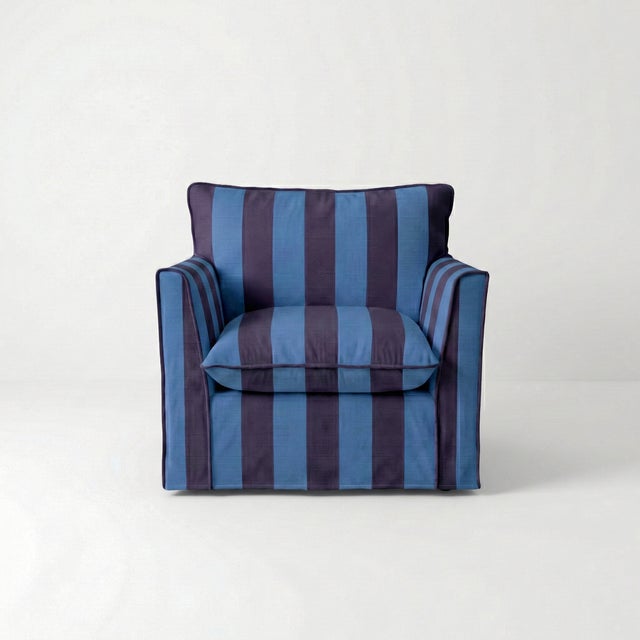 Not Yet Made - Made To Order Sophie Conran Coco Armchair - Coastal Blue & Navy Blue Stripes with Knife Edge Cushion For Sale - Image 5 of 5